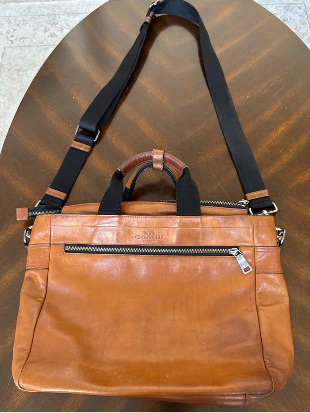 Coach Leather Briefcase in Cognac Brown with Black Handles
